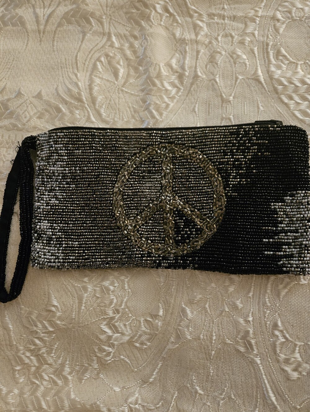 Moyna  Vintage Beaded Black and Silver Peace Sign Wristlet Clutch